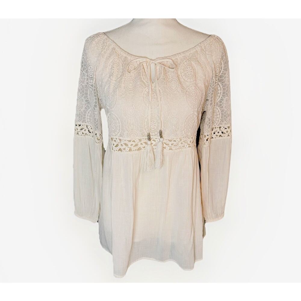 SUNDANCE SM Peasant Top Cottage Boho Romance Lace Balloon Sleeve Tassel Babydoll